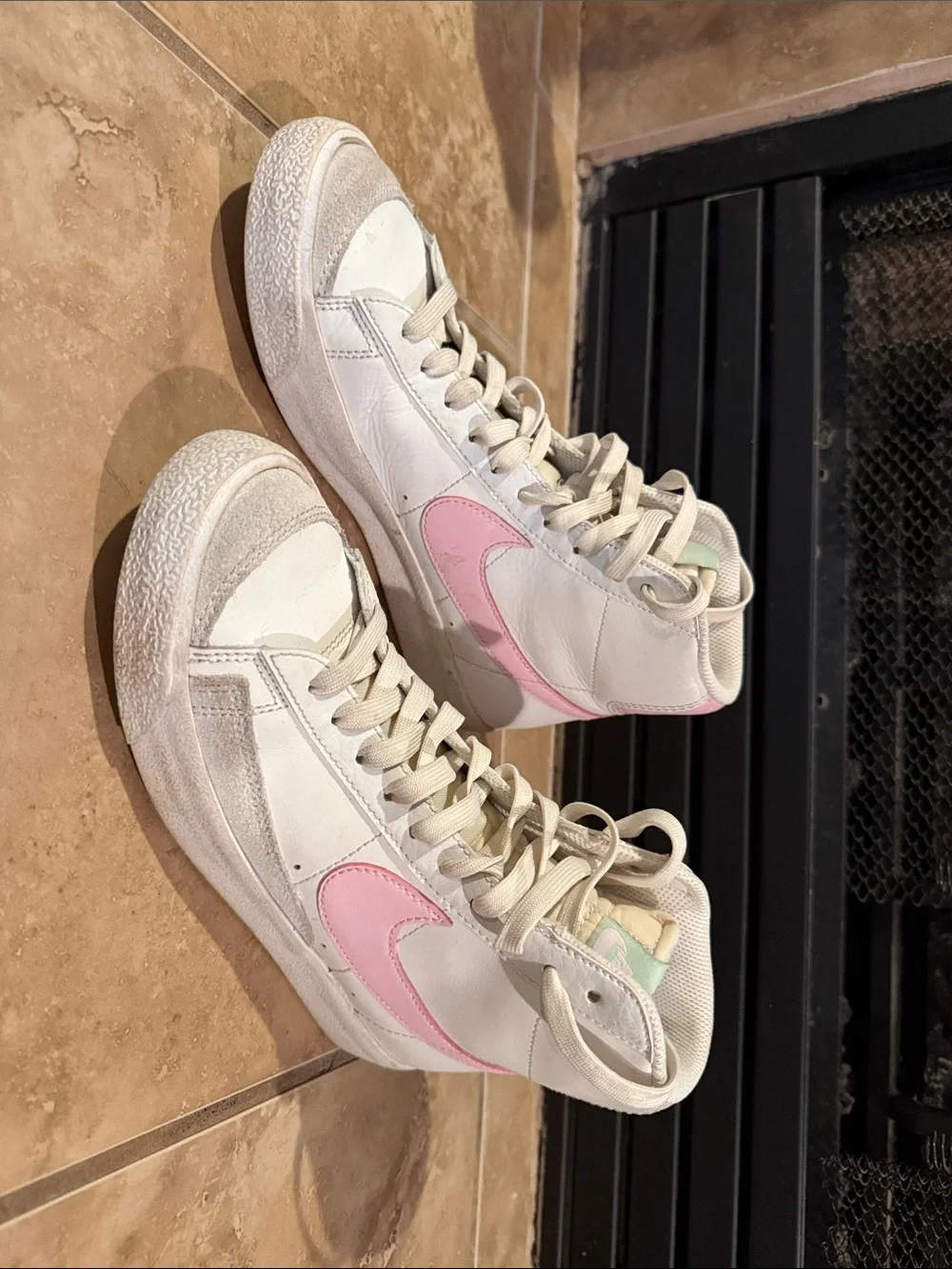 Nike Women's High-Top Sneakers in White with Pink Swoosh